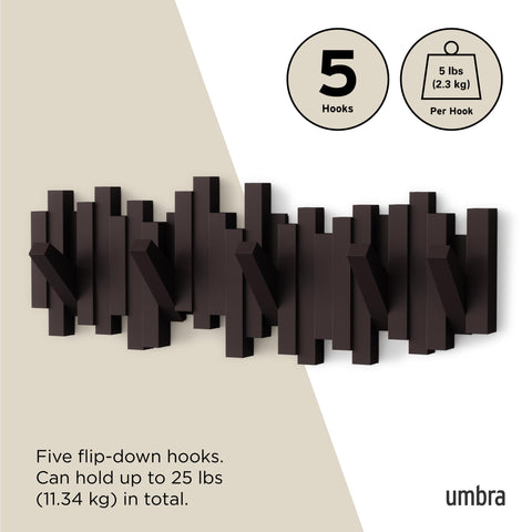 Umbra Sticks espresso easy-install wall rack with included hardware.