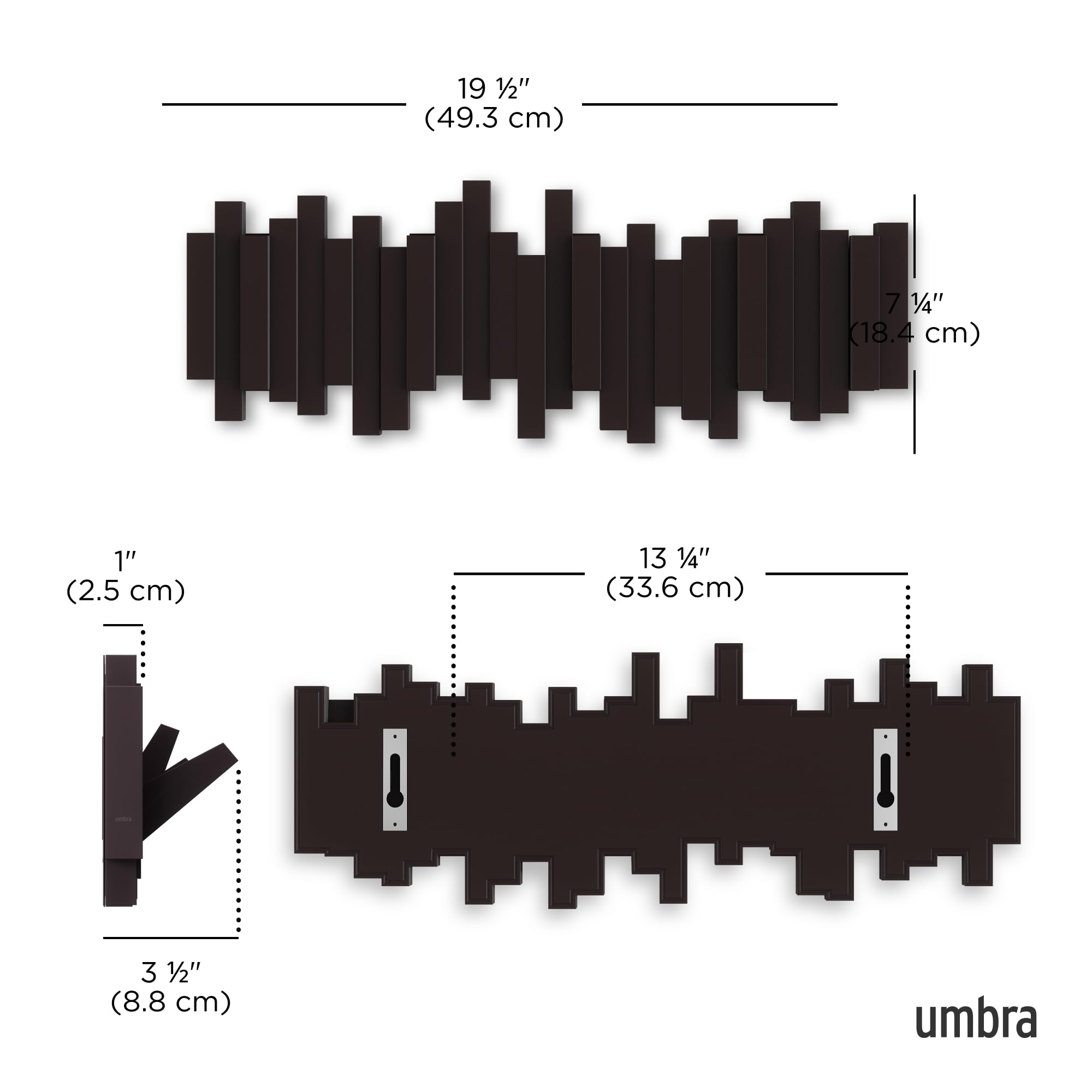 Umbra Sticks espresso flip-down hooks create extra hanging space when needed.