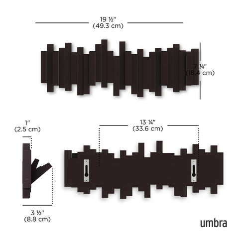 Umbra Sticks espresso flip-down hooks create extra hanging space when needed.