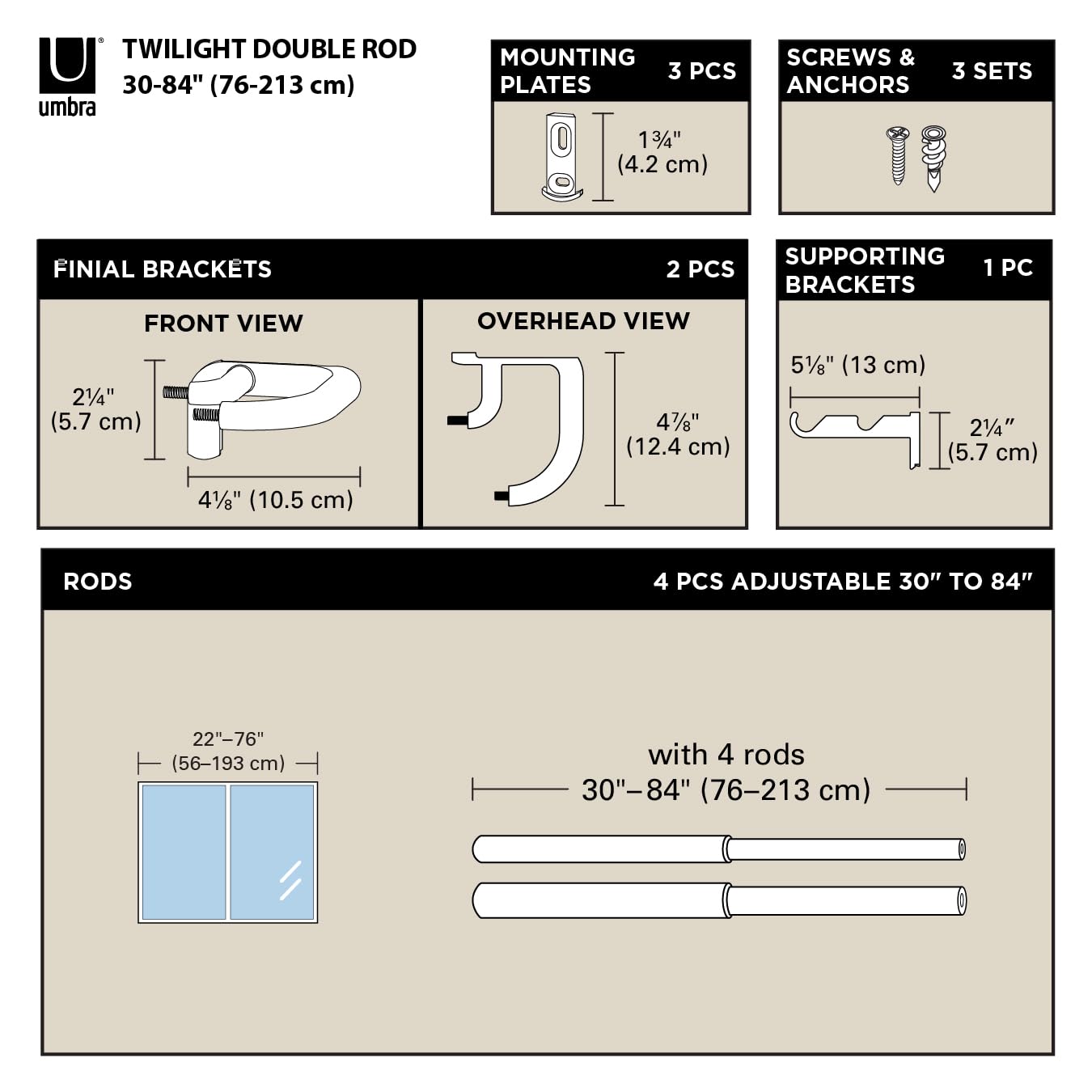 Umbra Twilight center-support bracket included prevents sag with heavy drapes.