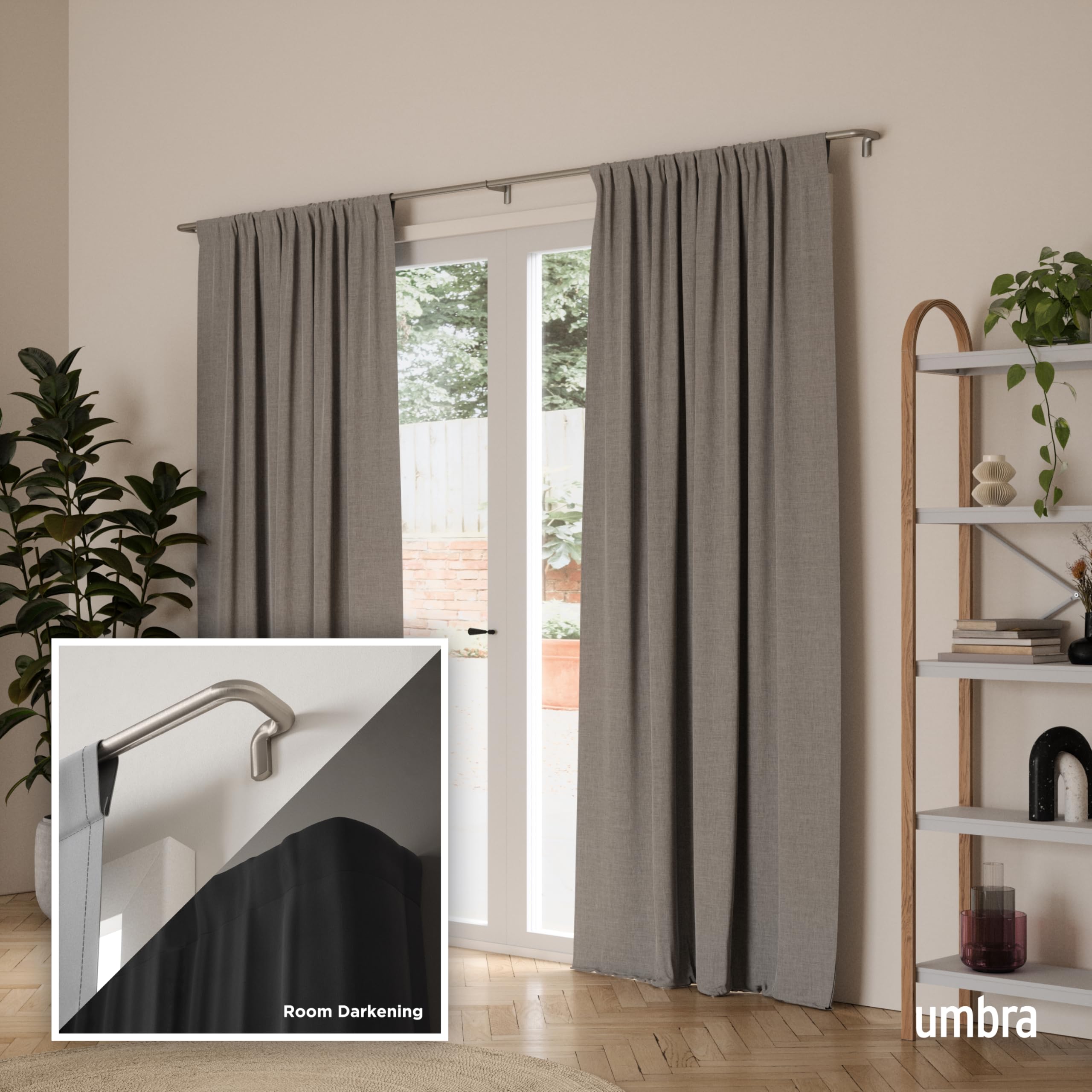Umbra Twilight rod shows center-support bracket for stable long-window mounting.