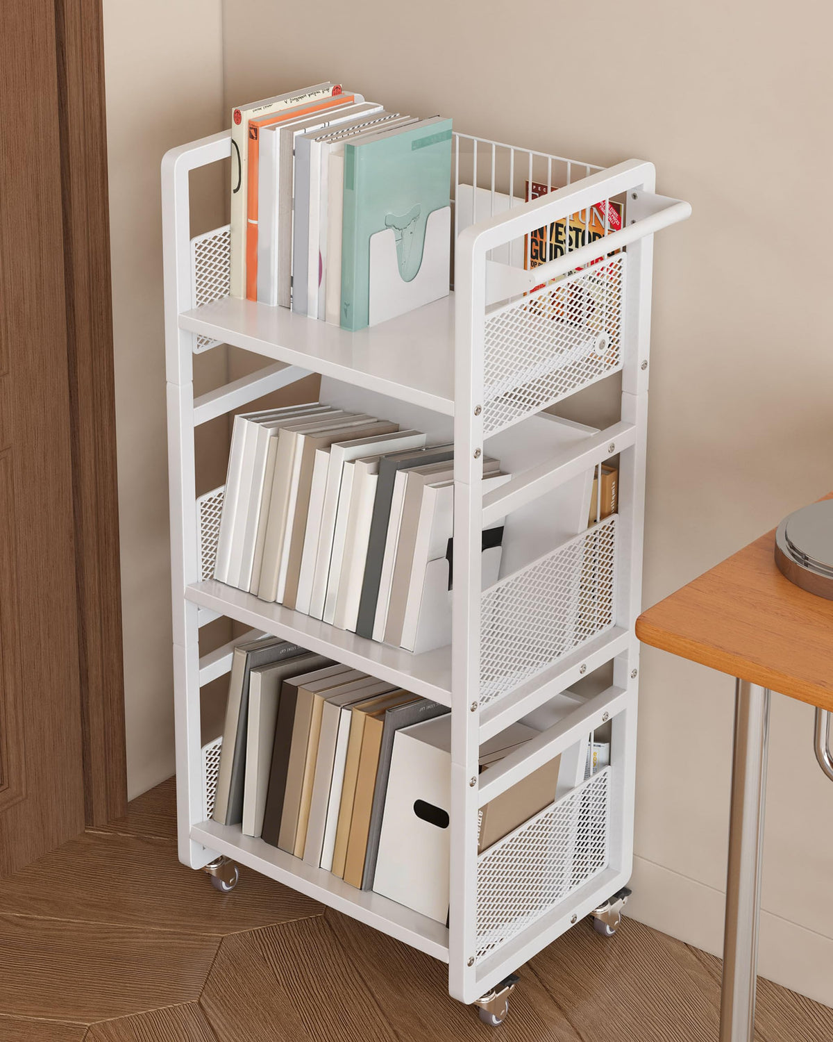 UMDONX heavy-duty double-sided book cart front view showing ample storage