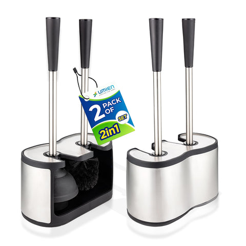 UMIEN toilet brush and plunger set in satin nickel compact storage.
