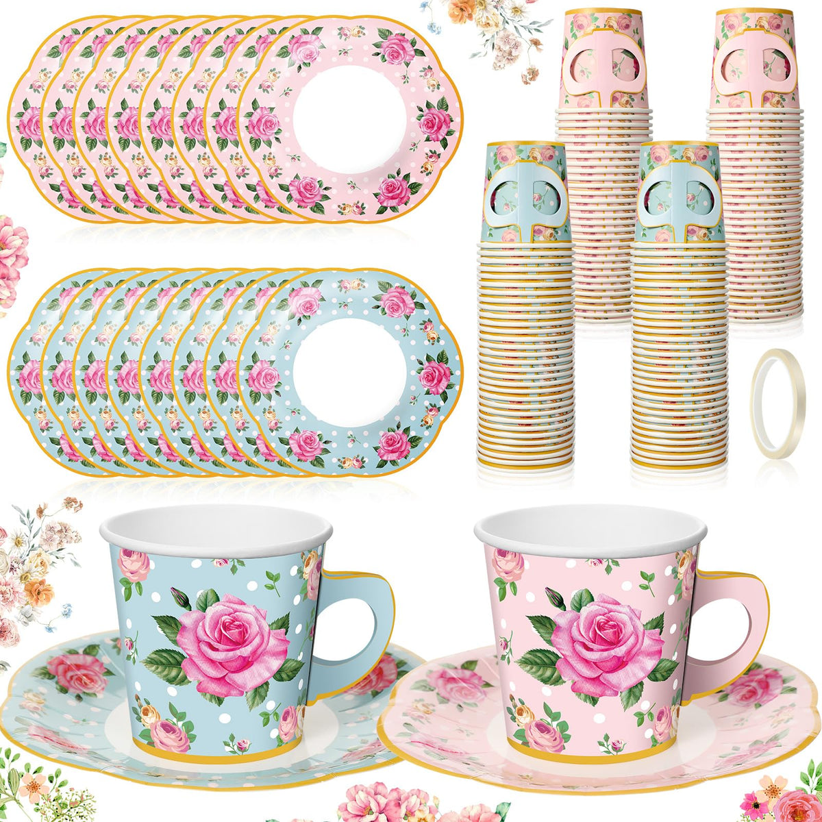 Umigy floral teacups 6.5 oz in blue and pink handles, ideal for elegant tea parties.
