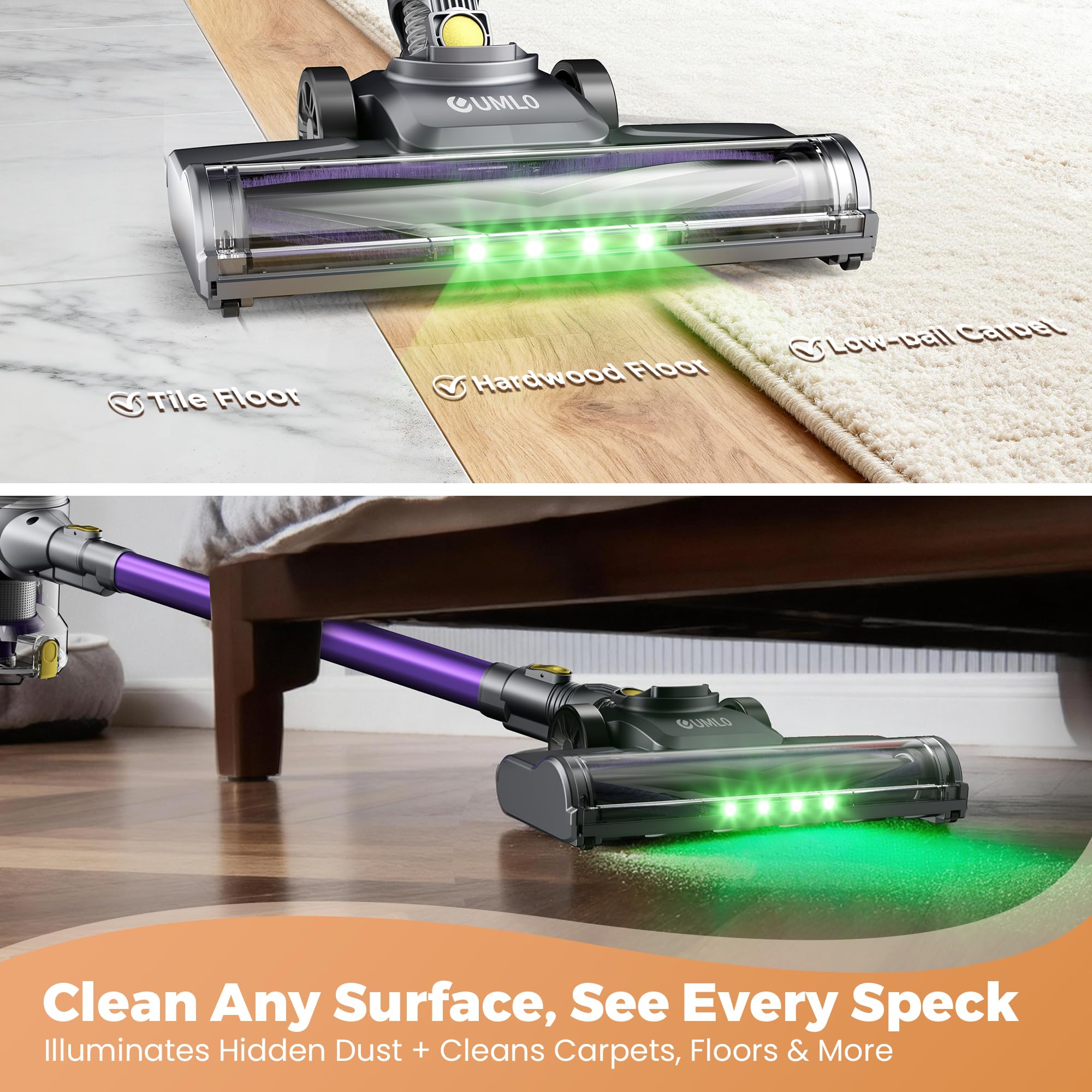 UML0 eight-in-one attachments enable versatile floor, stairs, and car cleaning.