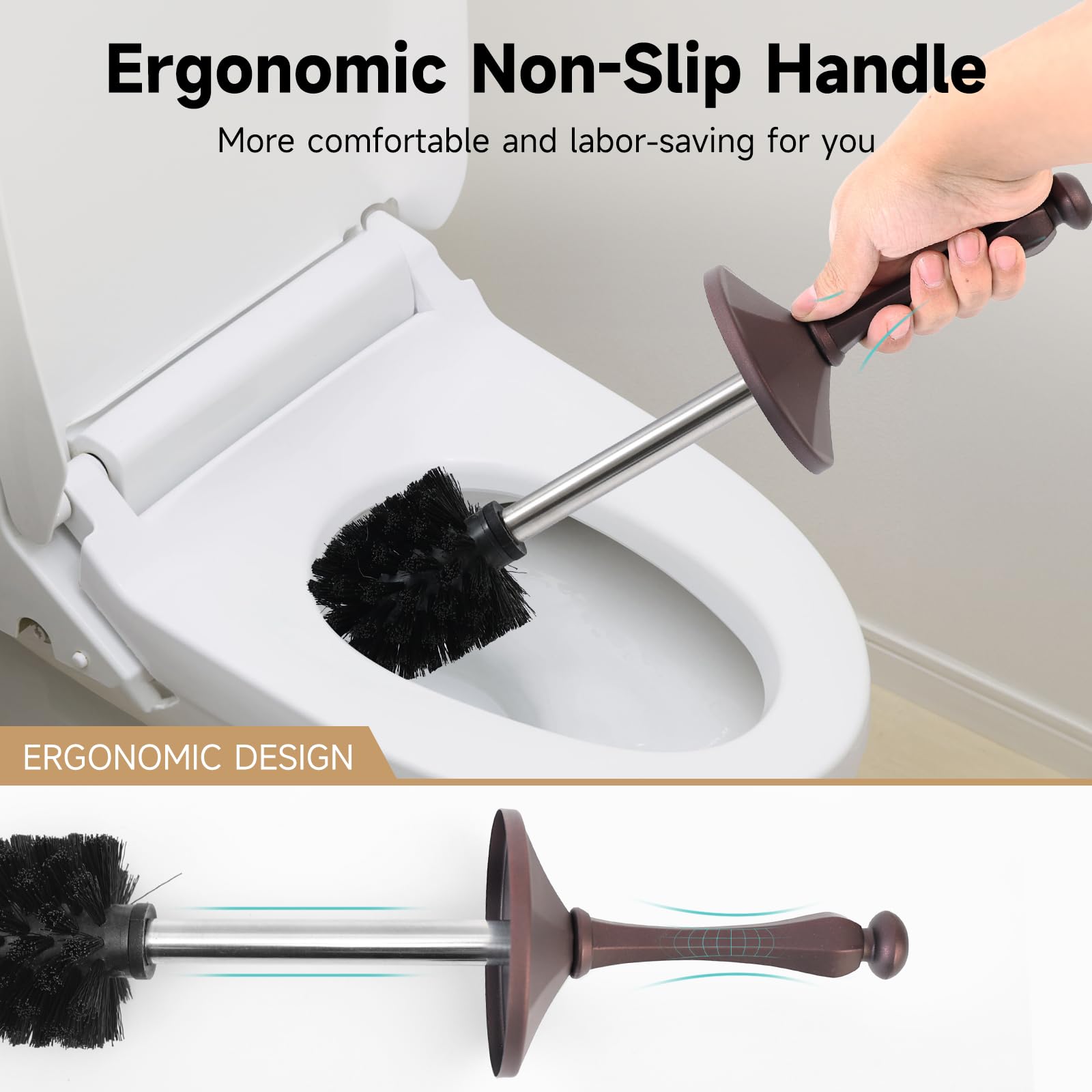 UNCONSIL bronze toilet brush with lid demonstrates splash containment during cleaning.