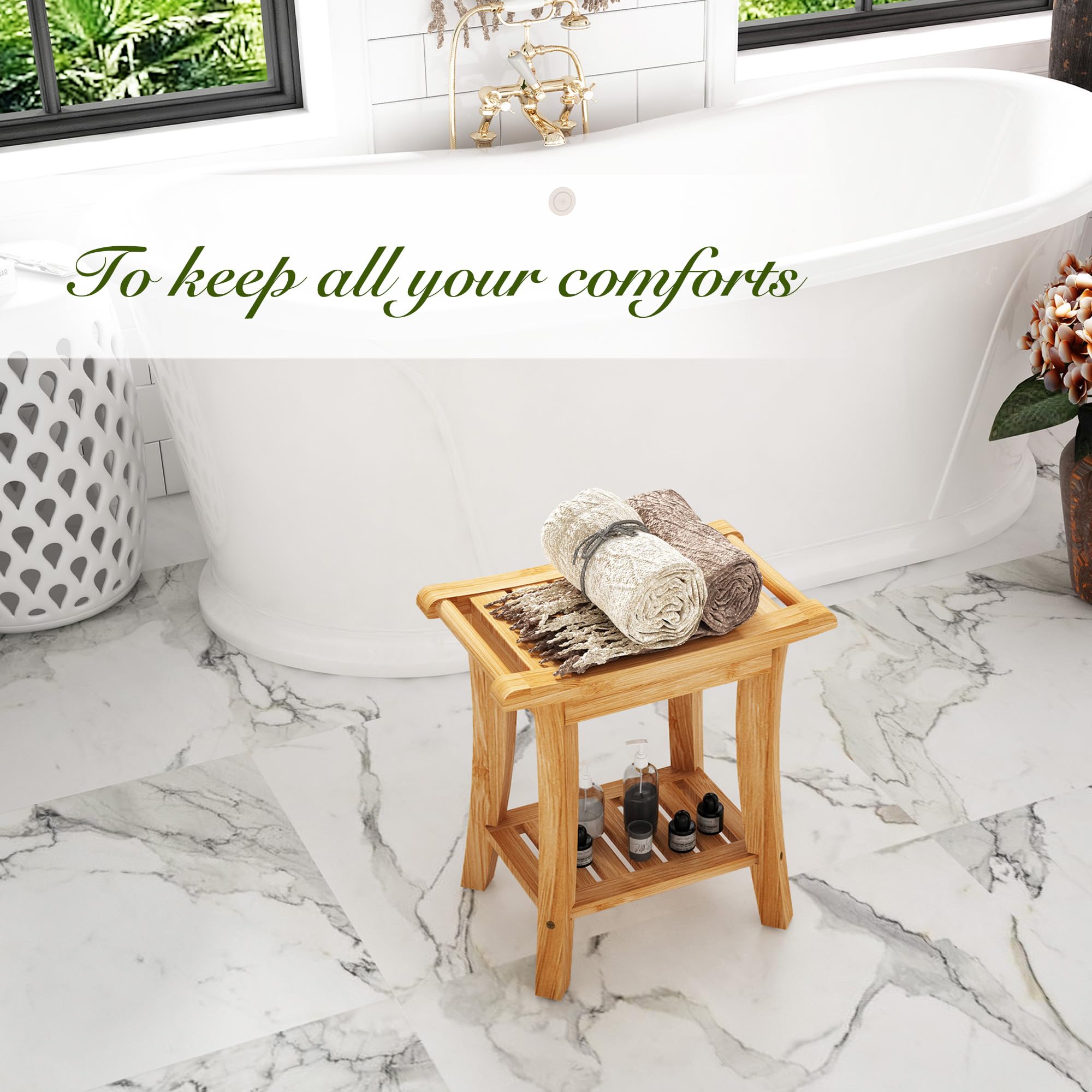 Unibambou bamboo shower bench natural finish offers eco-friendly seating.