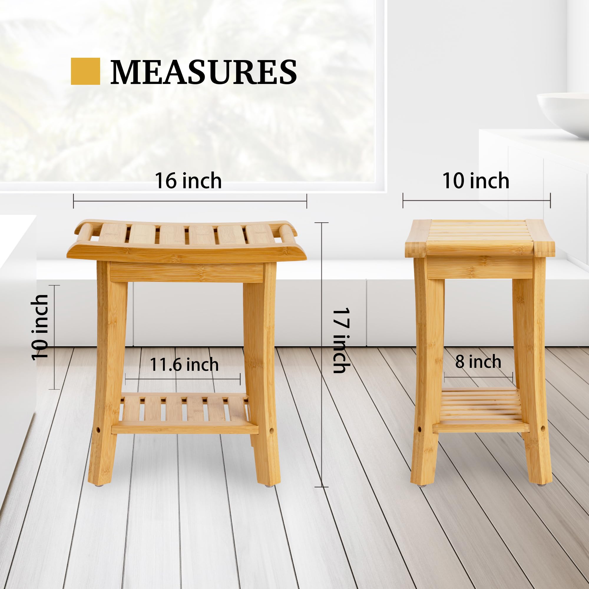 Unibambou bamboo shower bench two-tier shelf keeps essentials within reach.