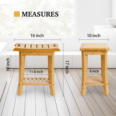 Unibambou bamboo shower bench two-tier shelf keeps essentials within reach.