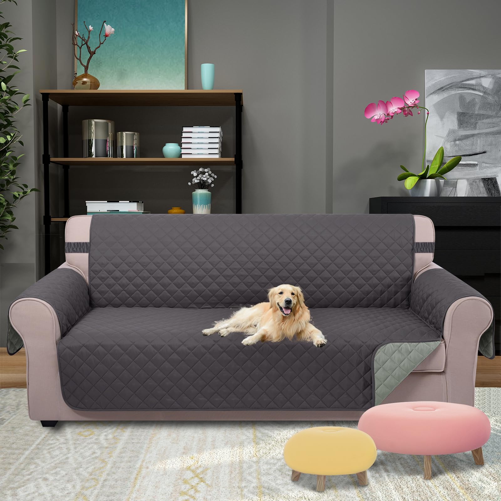 U-NICE HOME couch cover features anti-slip elastic straps for secure fit.
