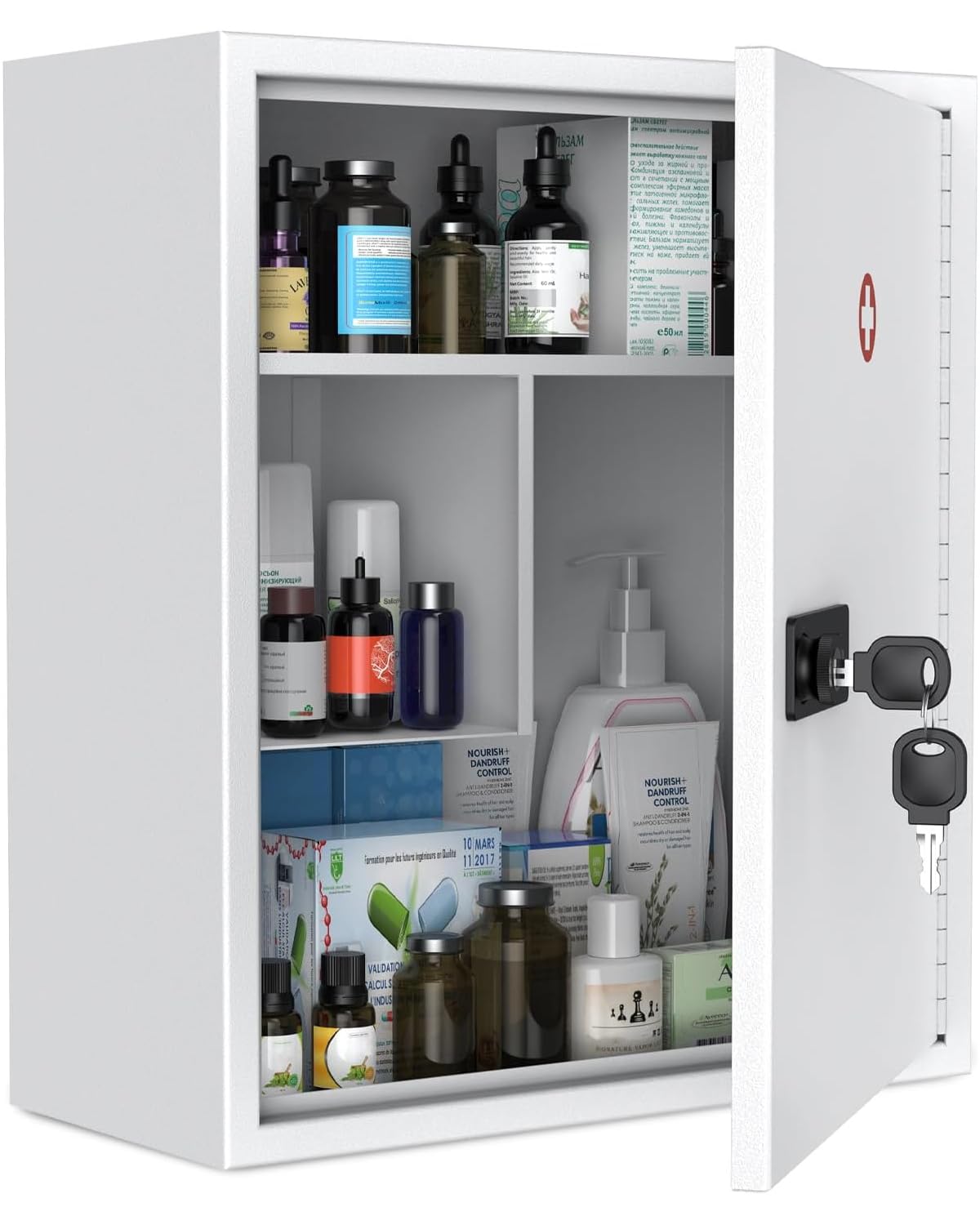 Uniclife wall medicine cabinet with closed front keeps meds organized and out of reach from kids.