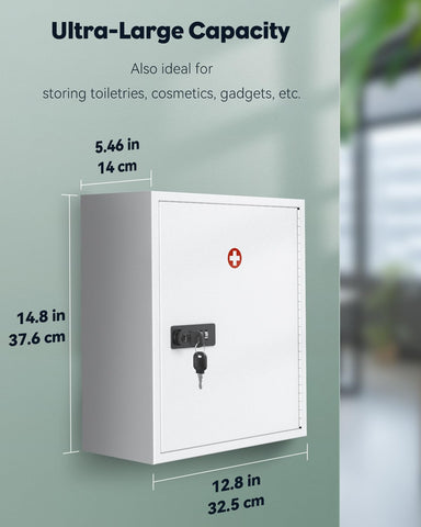 Uniclife wall medicine cabinet open door reveals three compartments for organized bottle storage.