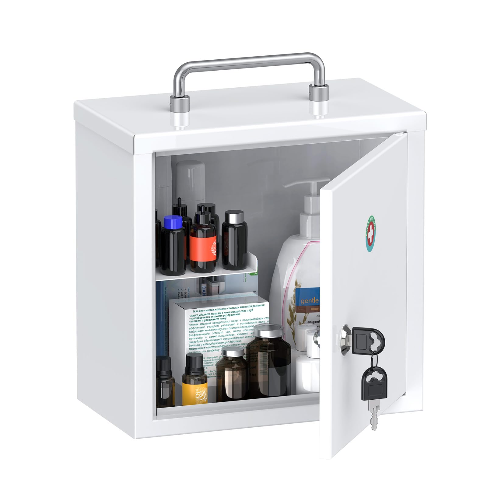 Uniclife wall-mount cabinet closed-front securely stores meds.