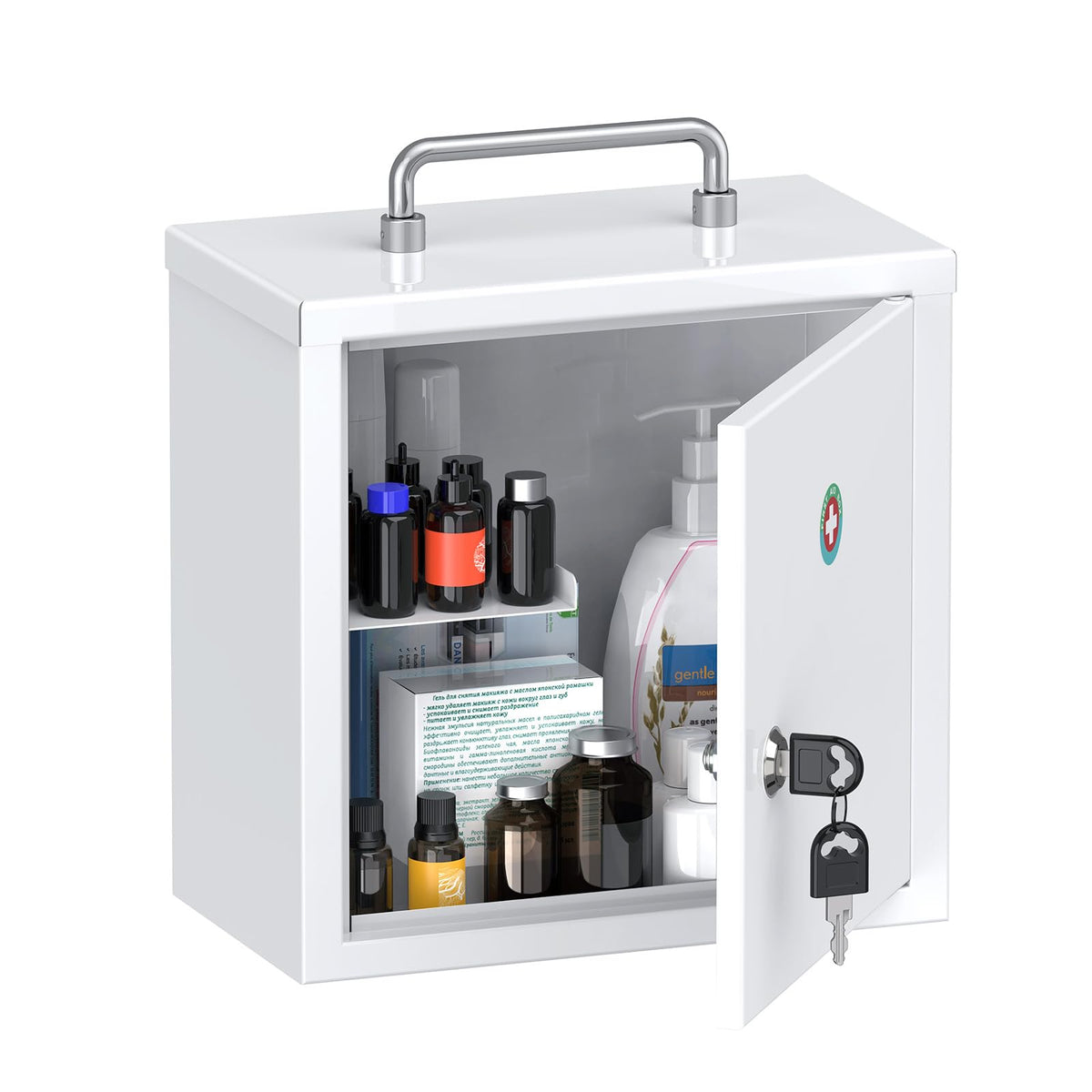 Uniclife wall-mount cabinet closed-front securely stores meds.