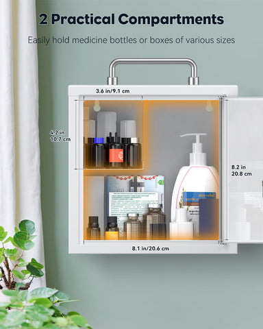 Uniclife wall-mount cabinet two-compartments organize bottles neatly.