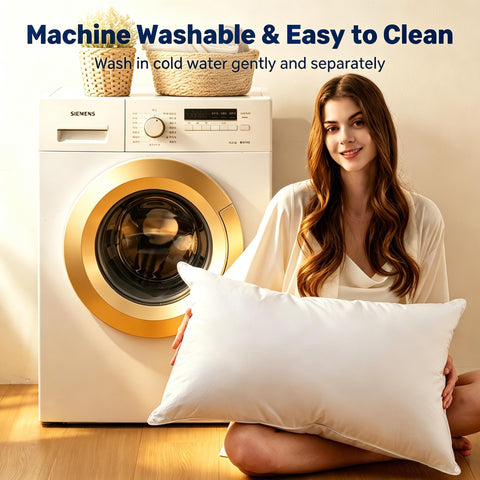 UNIKOME machine-washable pillow care illustration highlights easy cleaning and quick refresh