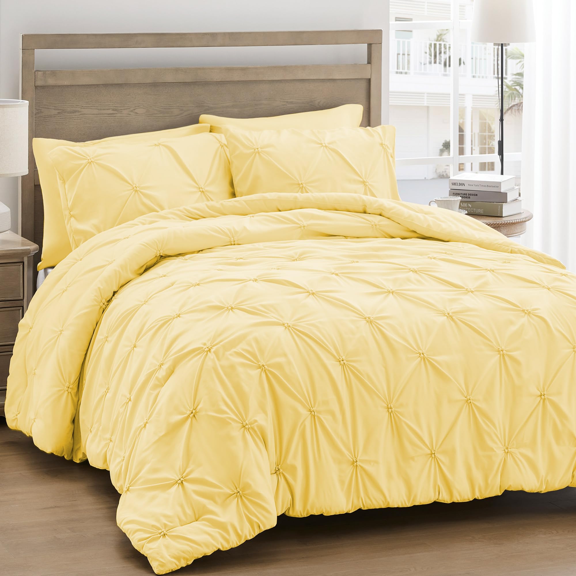 UNIKOME Queen comforter yellow pintuck close-up showing pinch-pleat detail.