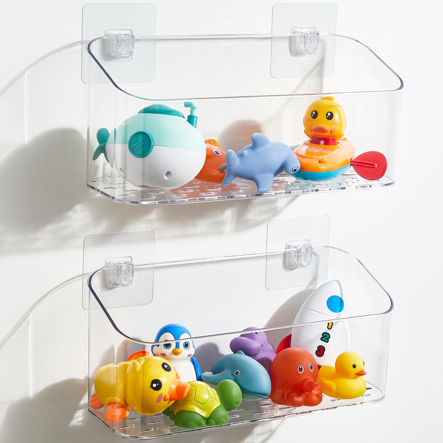 UNIKON bath toy storage two-pack clear caddies for quick toy access and clutter-free tub.