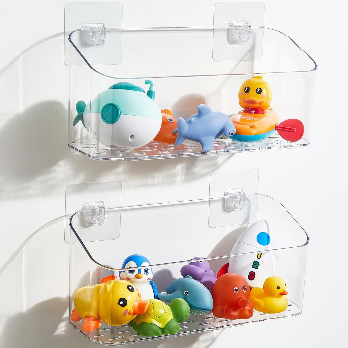 UNIKON bath toy storage two-pack clear caddies for quick toy access and clutter-free tub.
