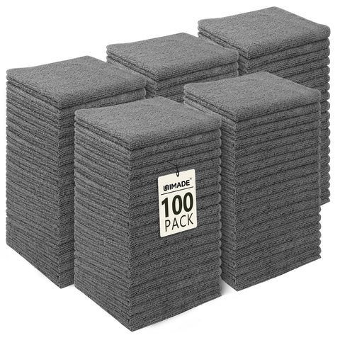 UNIMADE bulk washcloths 100-pack 12x12 grey for hotel or spa use, ultra-soft and durable.