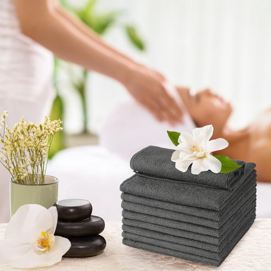 UNIMADE washcloths shown in hotel spa setting for guest-ready cleanliness.