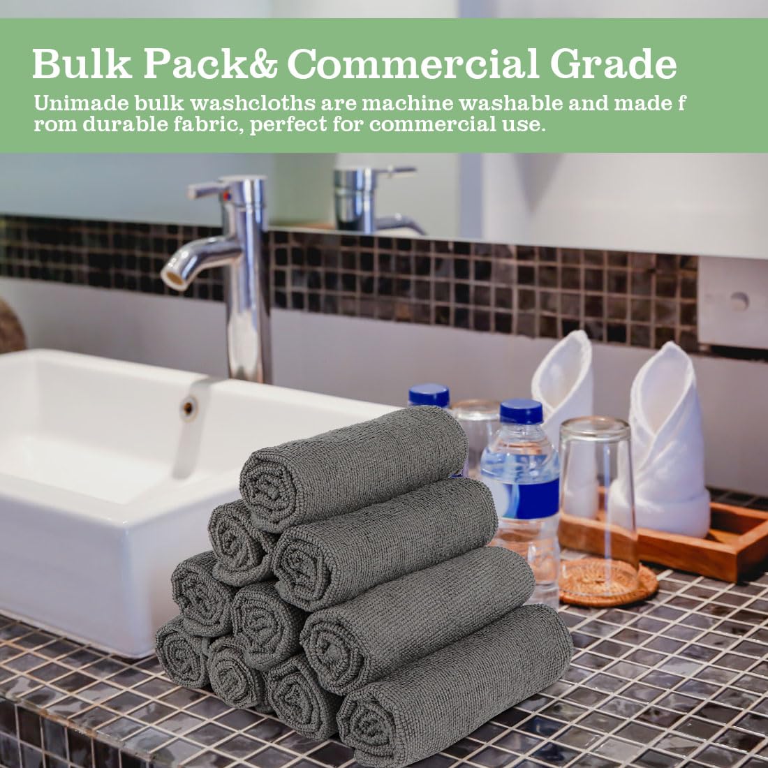 UNIMADE grey washcloths for kitchens and baths, reliable color retention after washing.