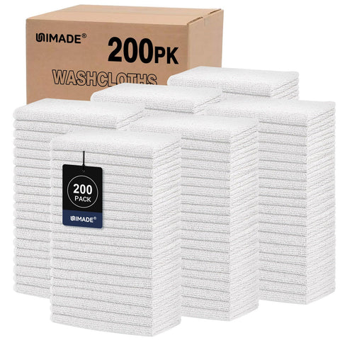 UNIMADE 200-pack washcloths, soft 12x12 inch for daily cleansing and bulk use.