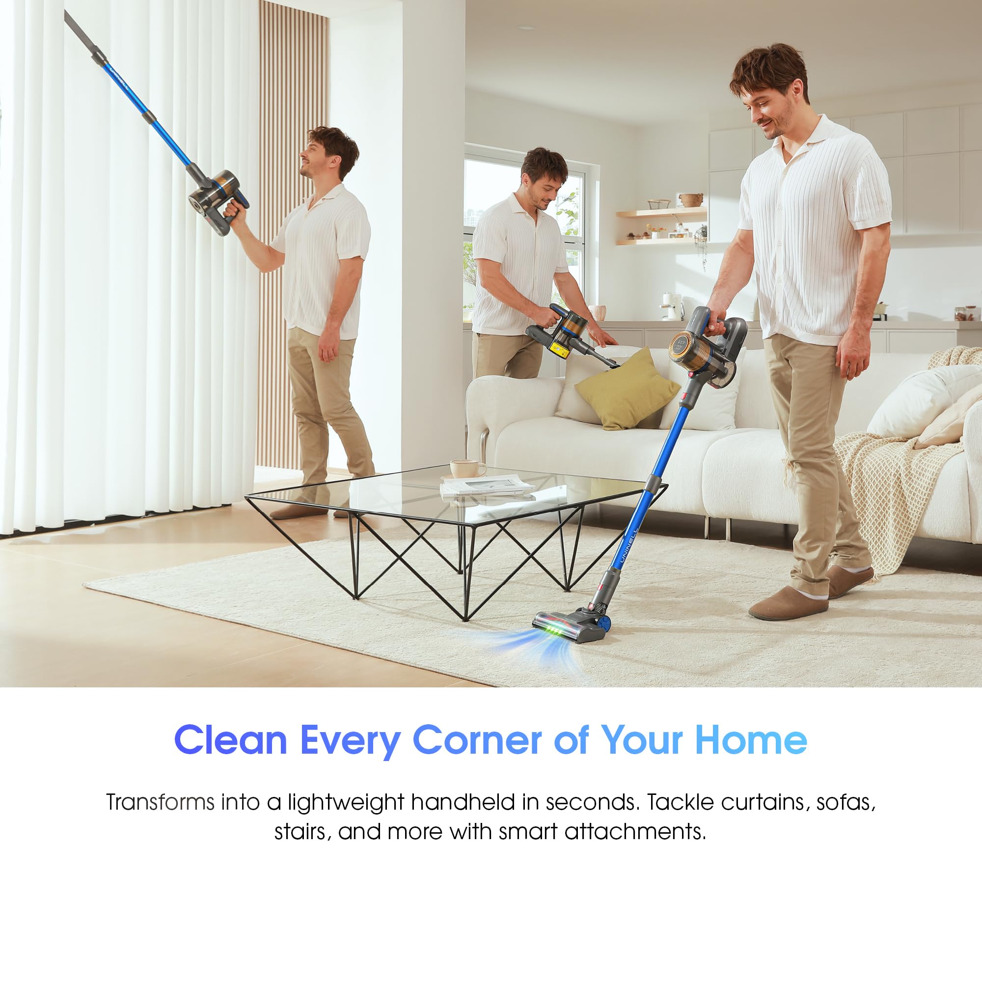 UNINELL HOME 2-in-1 floor and handheld setup for quick spot cleans on stairs and car interiors