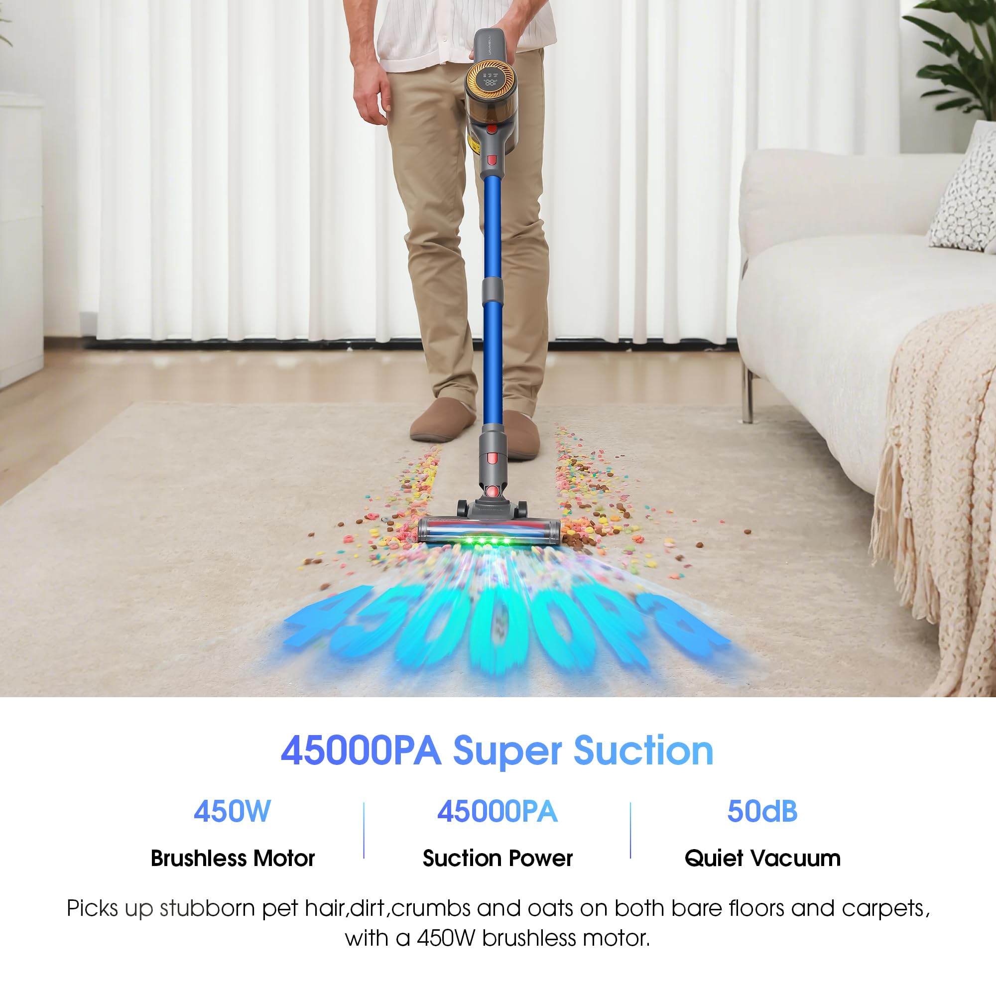 UNINELL HOME 45000 Pa turbo suction captures pet hair and fine dust across surfaces