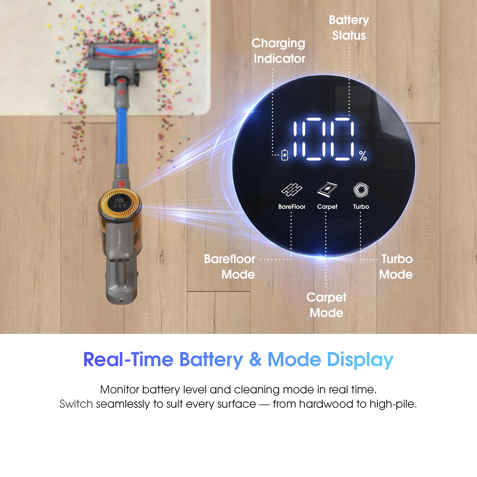 UNINELL HOME detachable battery for extended cleaning sessions without recharging