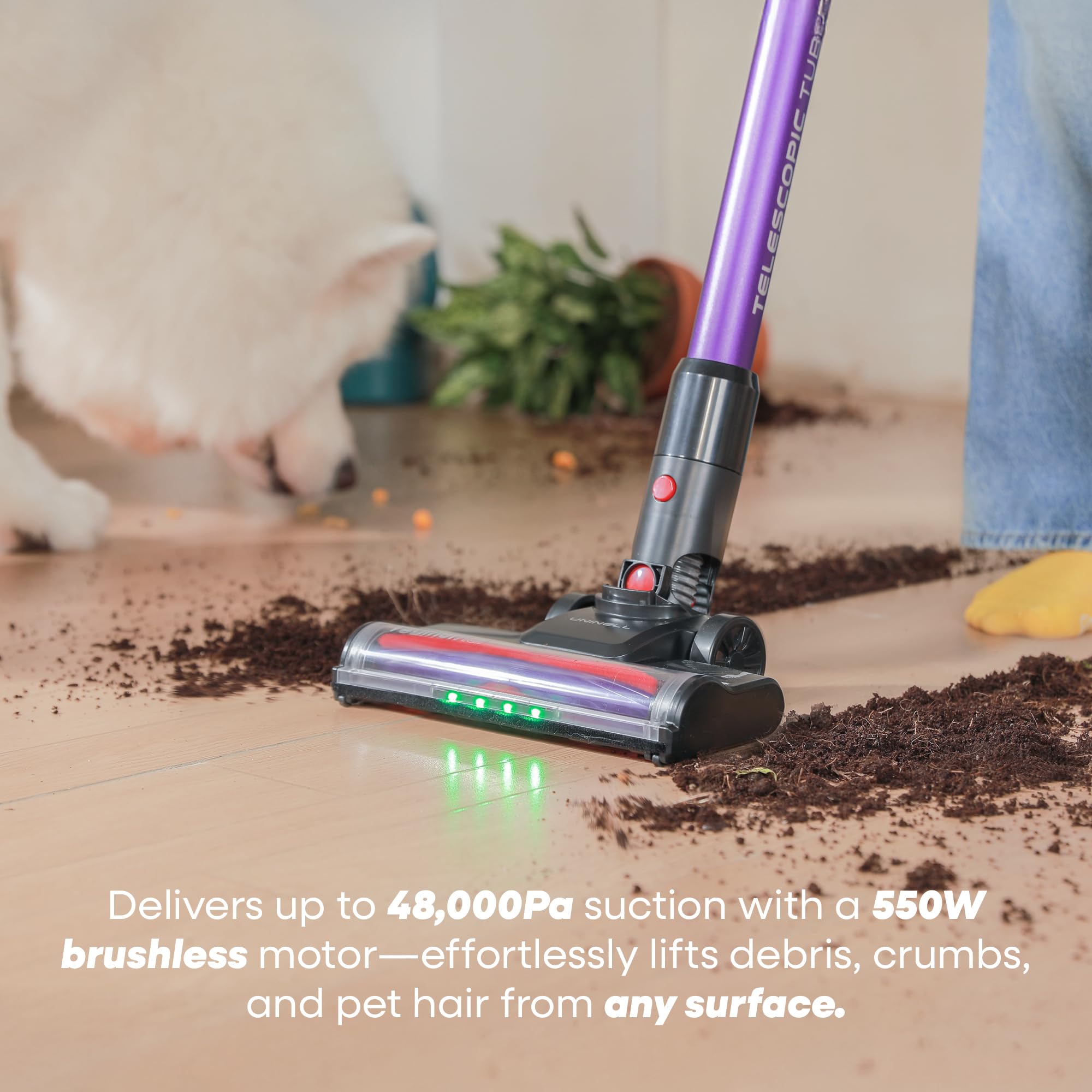 UNINELL HOME UV2 green spotlight reveals hidden dust and hair under furniture.