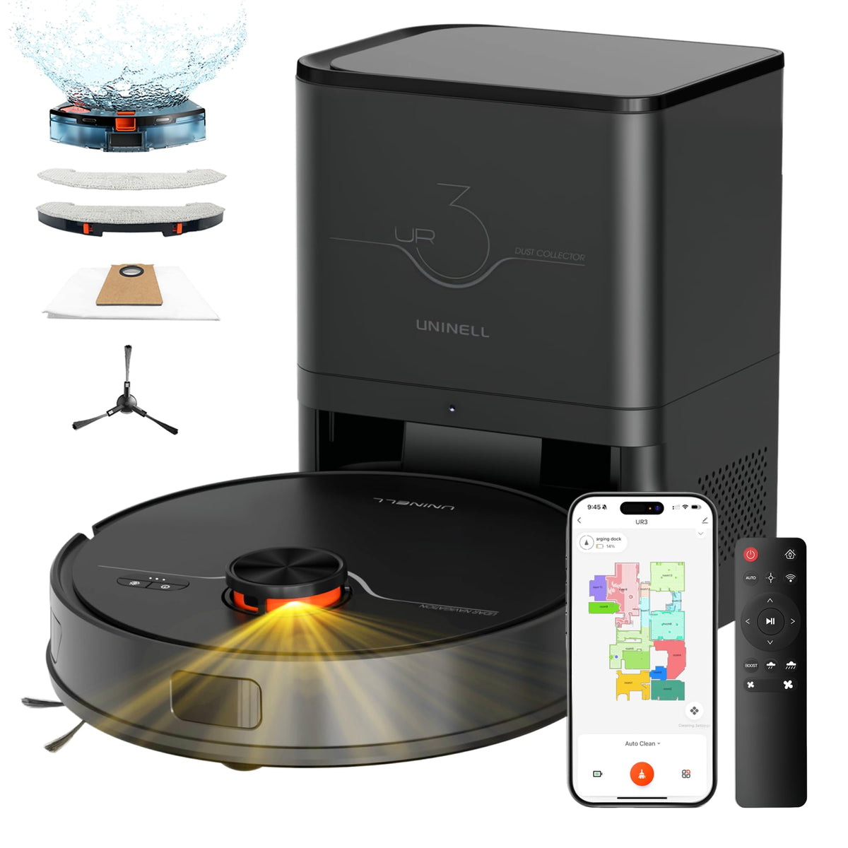 Uninell robot vacuum with self-emptying station and minimal maintenance