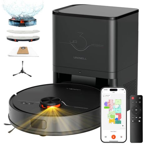 Uninell robot vacuum with self-emptying station and minimal maintenance
