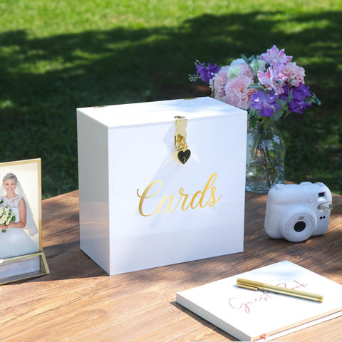 Acrylic card box top slot visible, easy guest contributions during events