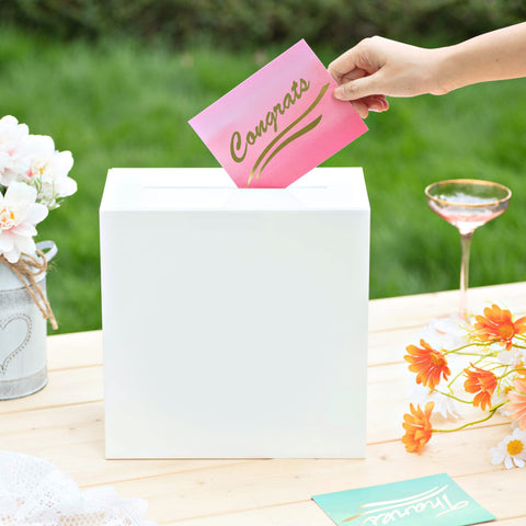 UNIQOOO wedding card box shows 10x10x5.5 in dimensions for easy display.