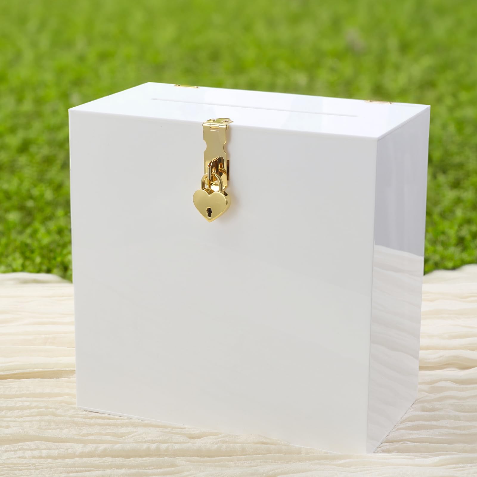 UNIQOOO white and gold heart lock acrylic card box front view for elegant wedding gifts