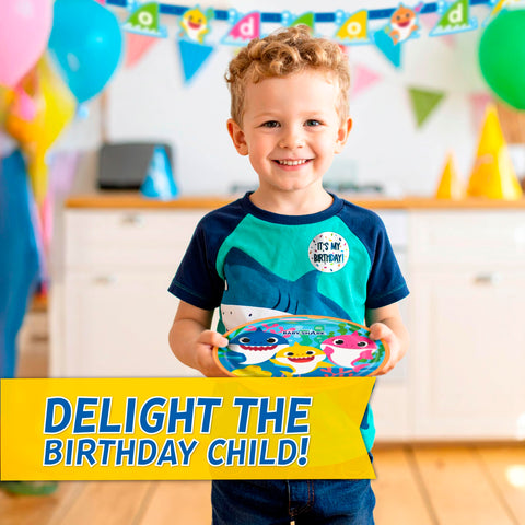 Unique Baby Shark party supplies bundle for simple hosting and cleanup.