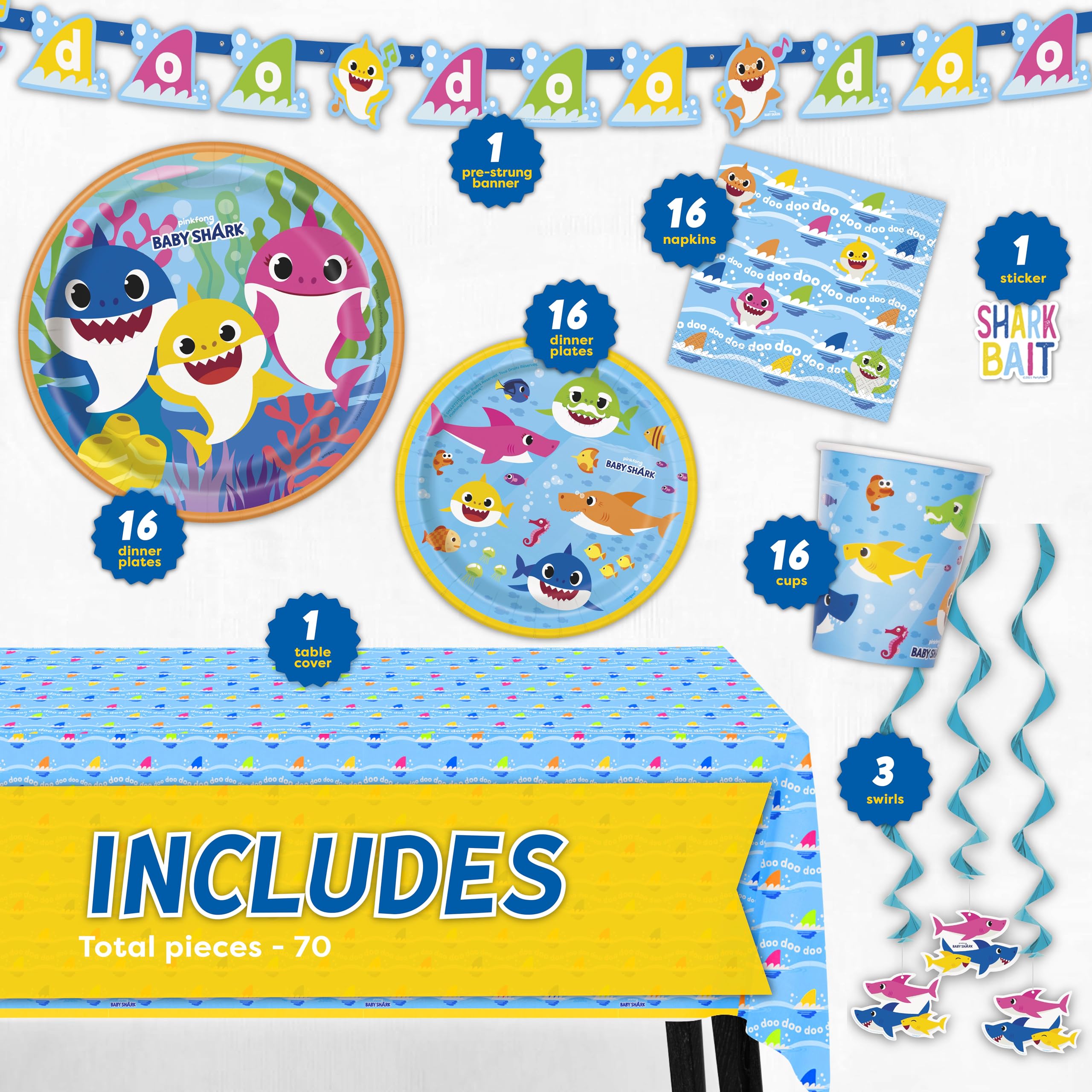Unique Baby Shark tablecloth 54x84 adds splashy protection and color.