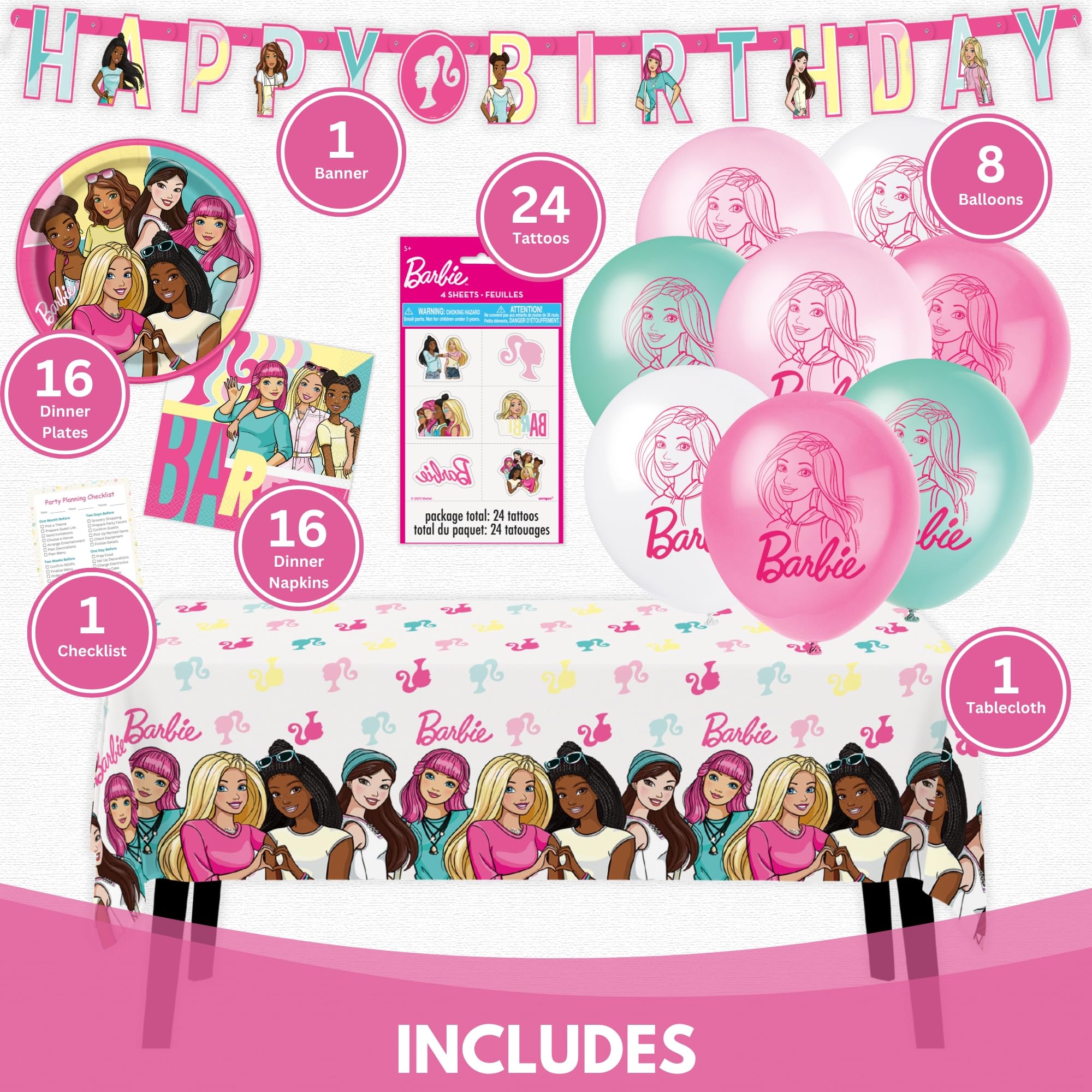Unique Barbie napkins complement the party with spill-free cleanup.
