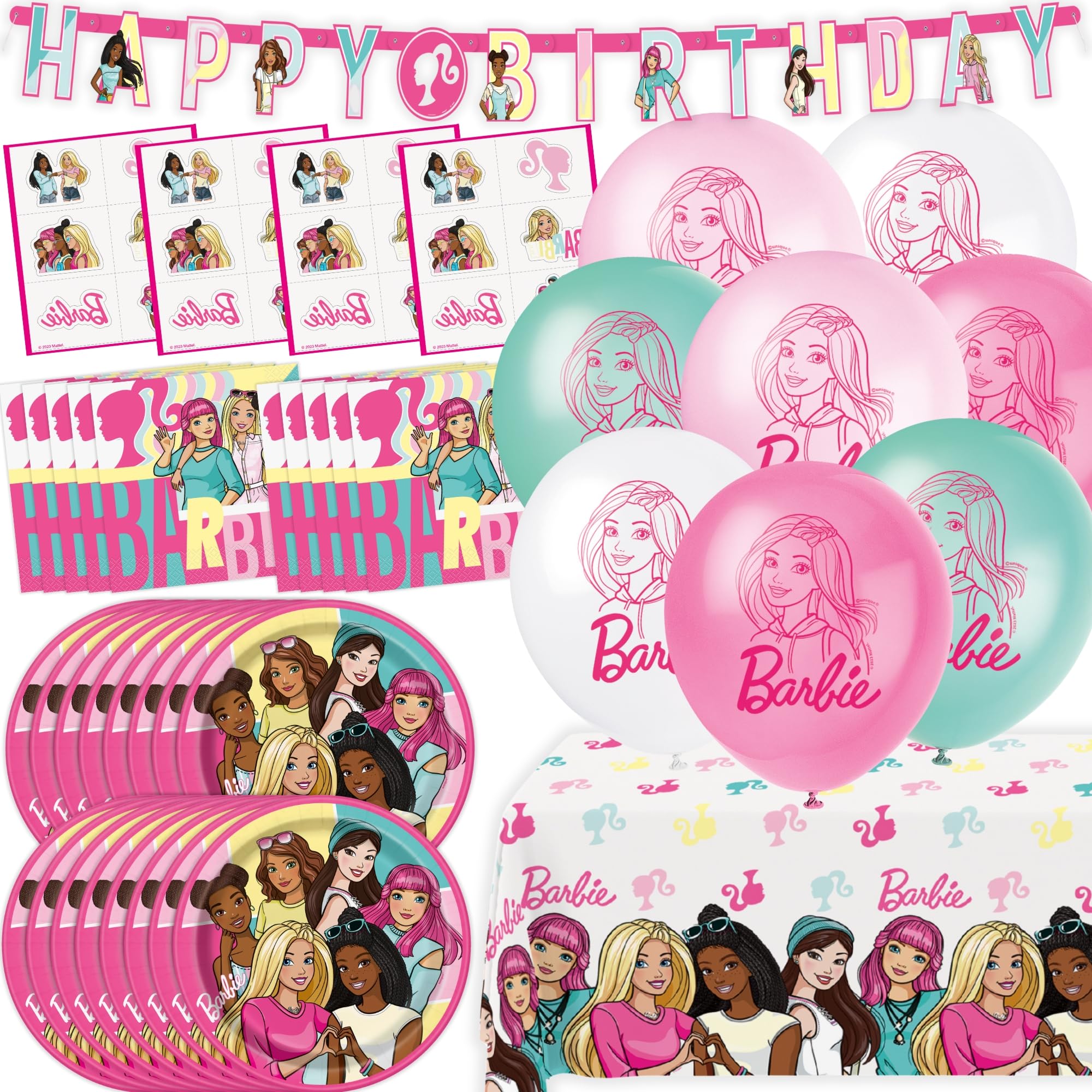 Unique Barbie birthday decorations plates ready for cake and snacks.