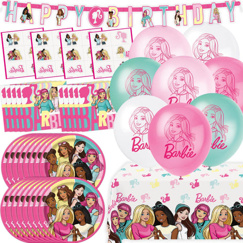 Unique Barbie birthday decorations plates ready for cake and snacks.