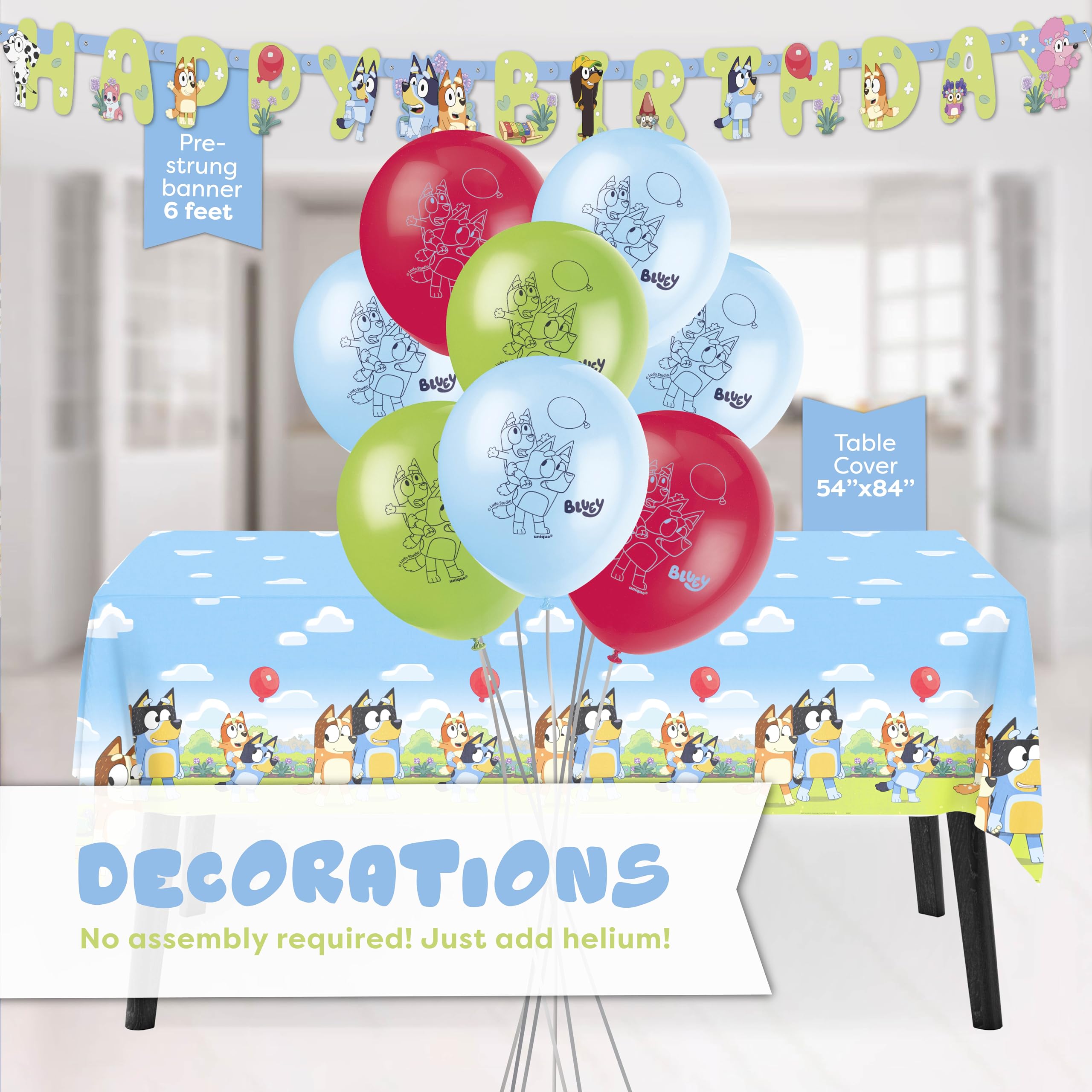 Unique Bluey balloons pack adds festive color for easy party setup.