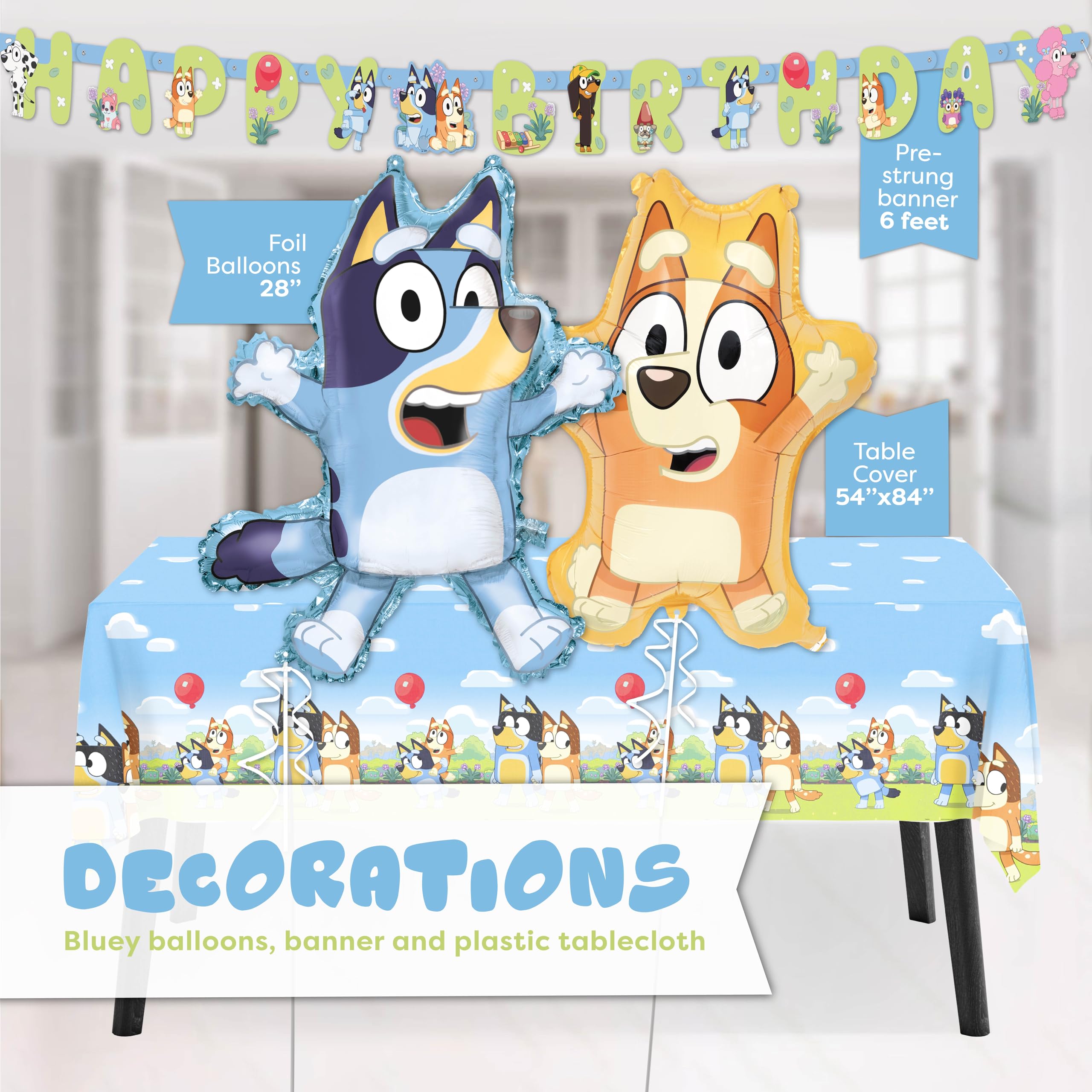Unique Bluey banner brightens the birthday backdrop.