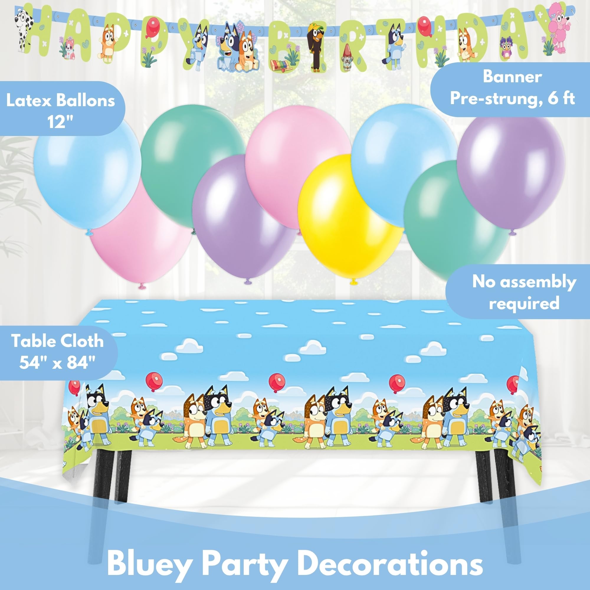 Unique Bluey birthday tablecloth—spill-proof protection for easy cleanup.