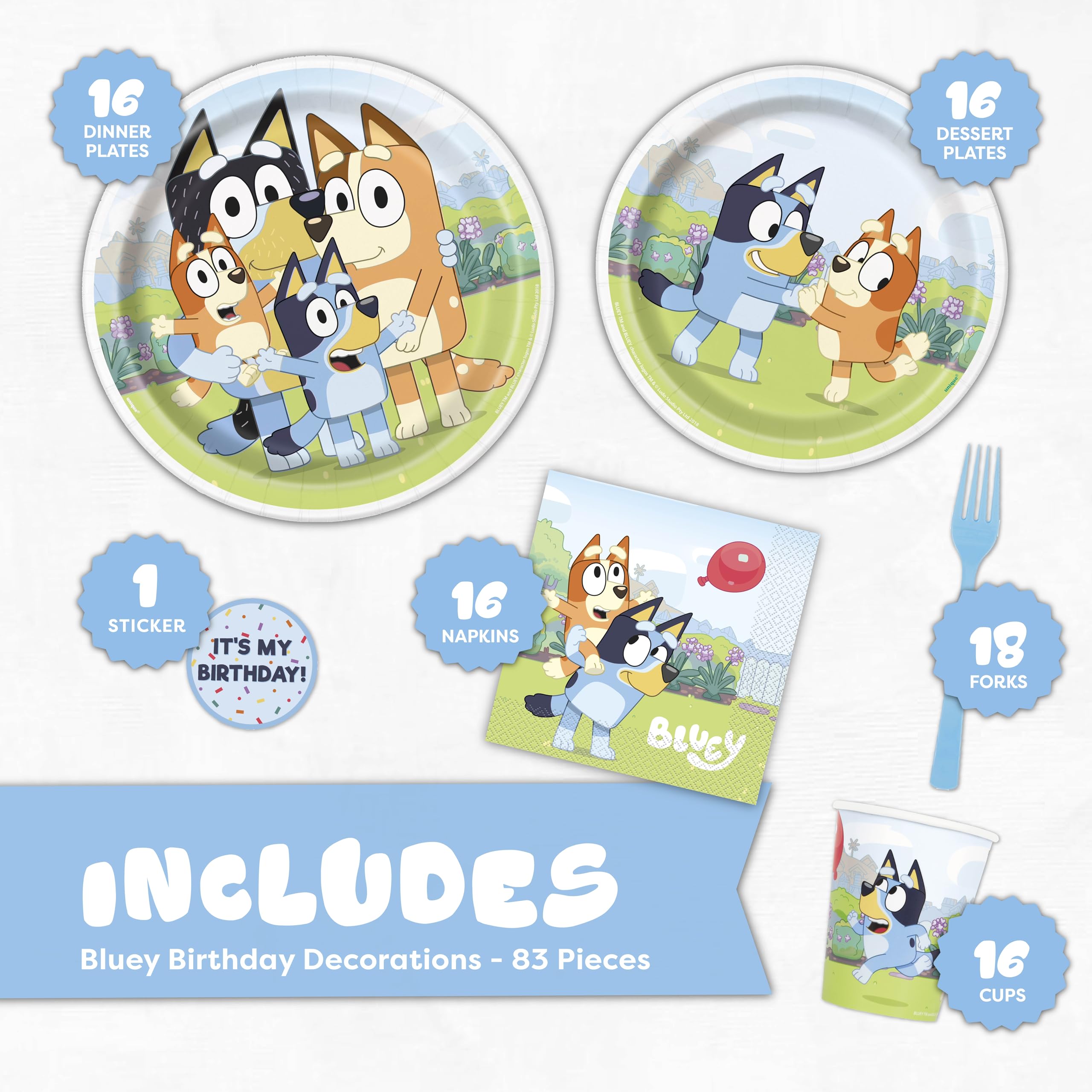 Unique Bluey dessert plates with bright designs, perfect for cake slices and treats