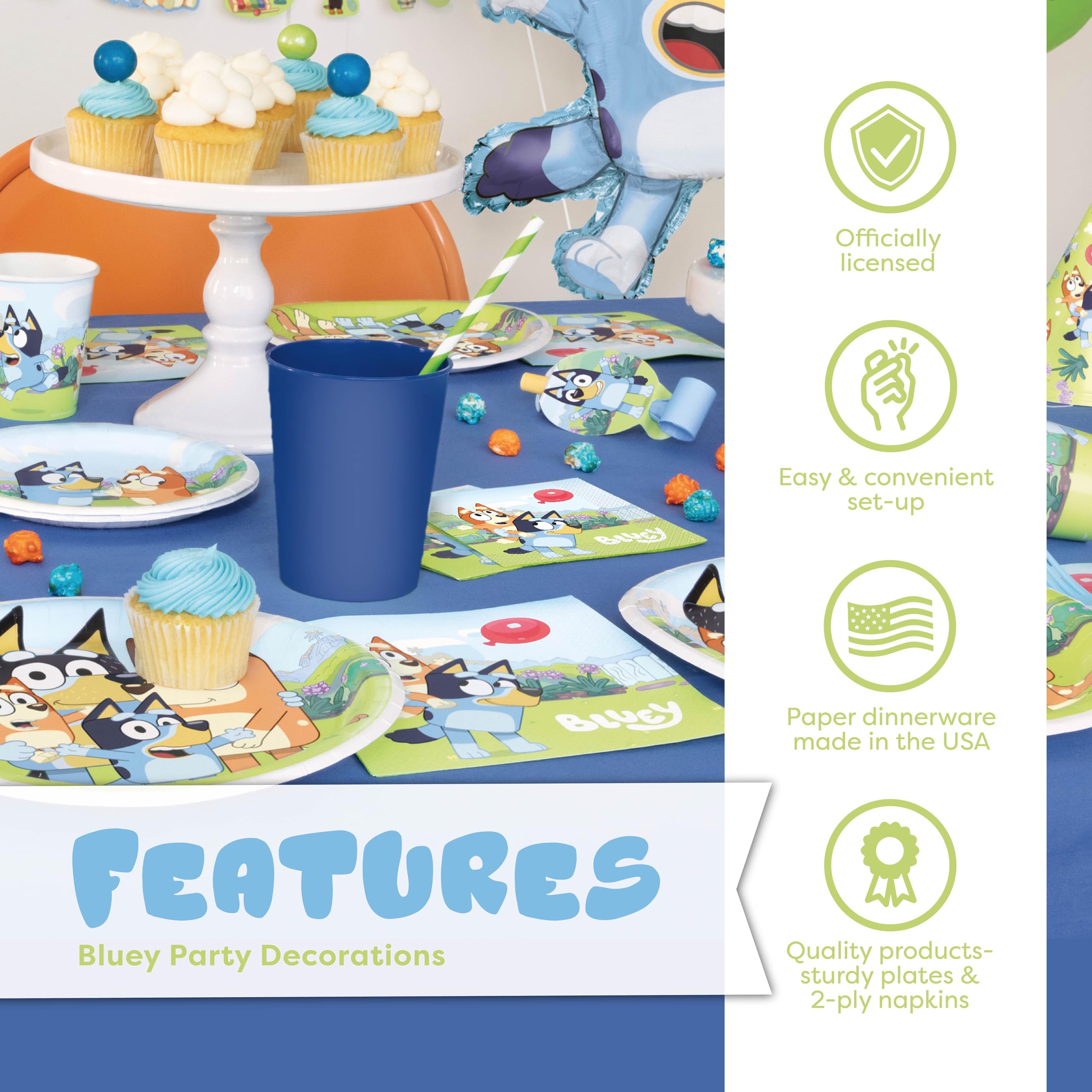 Unique Bluey disposable plates and napkins simplify cleanup after cake.