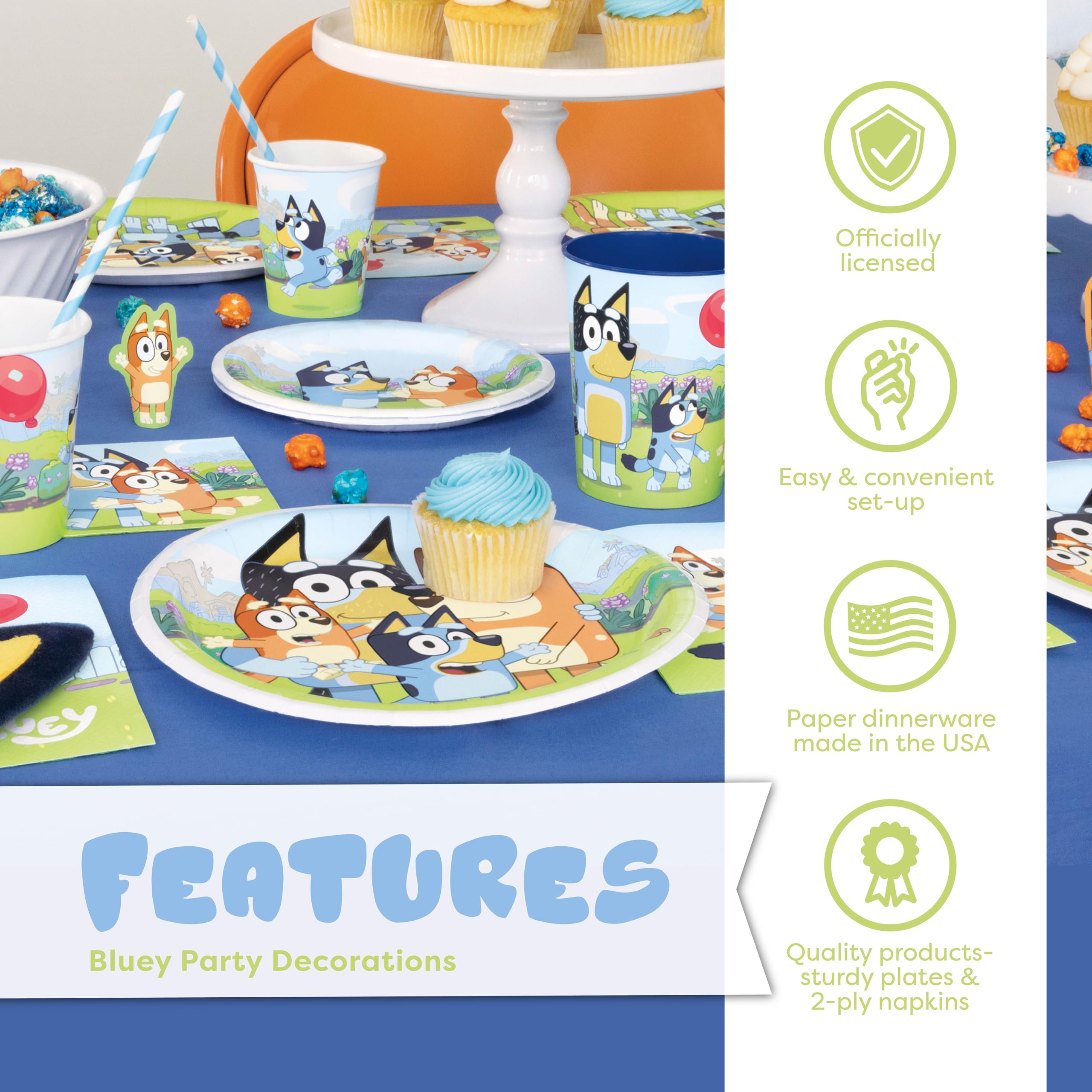 Unique Bluey napkins 9-inch complement plates with leak resistance.