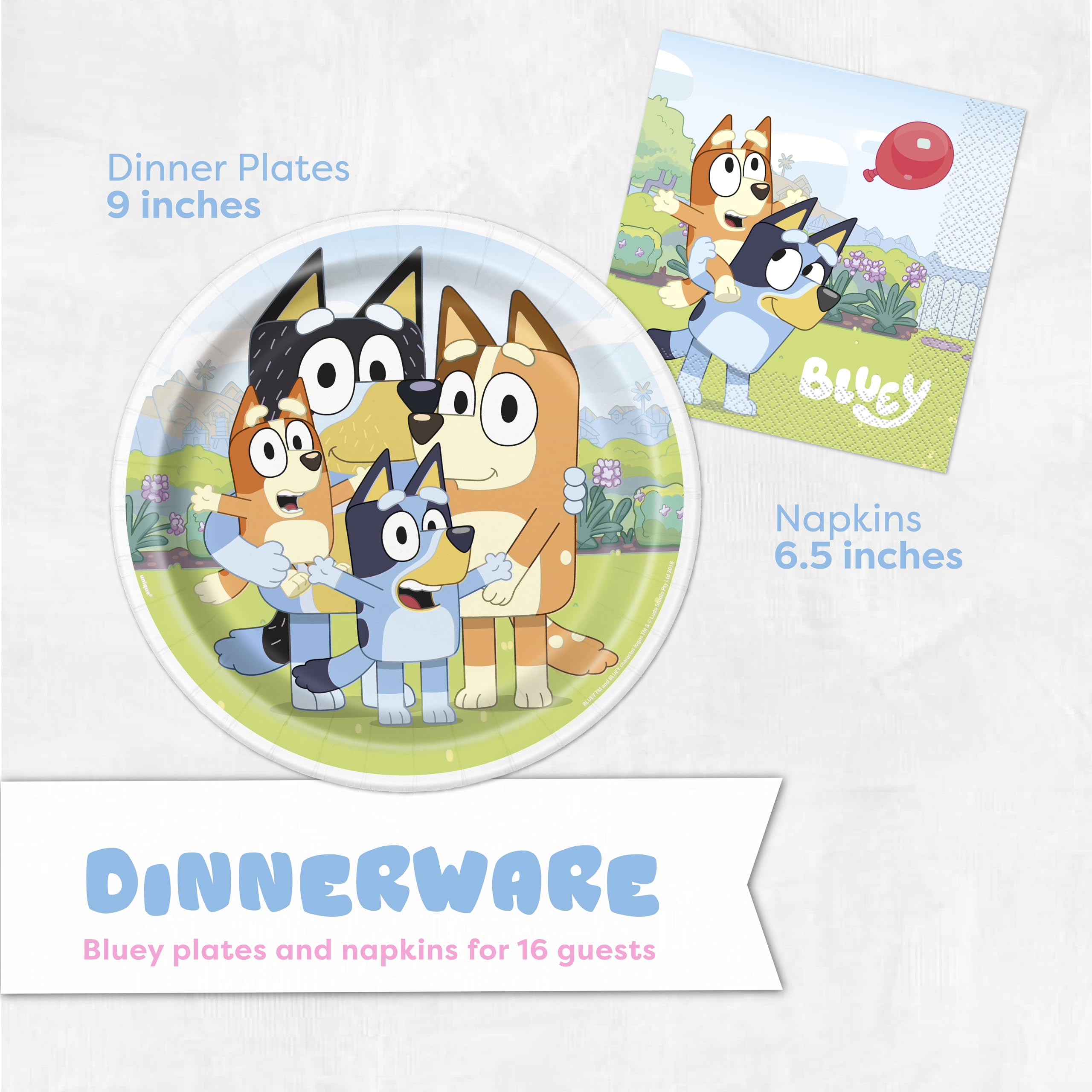 Unique Bluey plates and napkins provide sturdy, leak-resistant dinnerware
