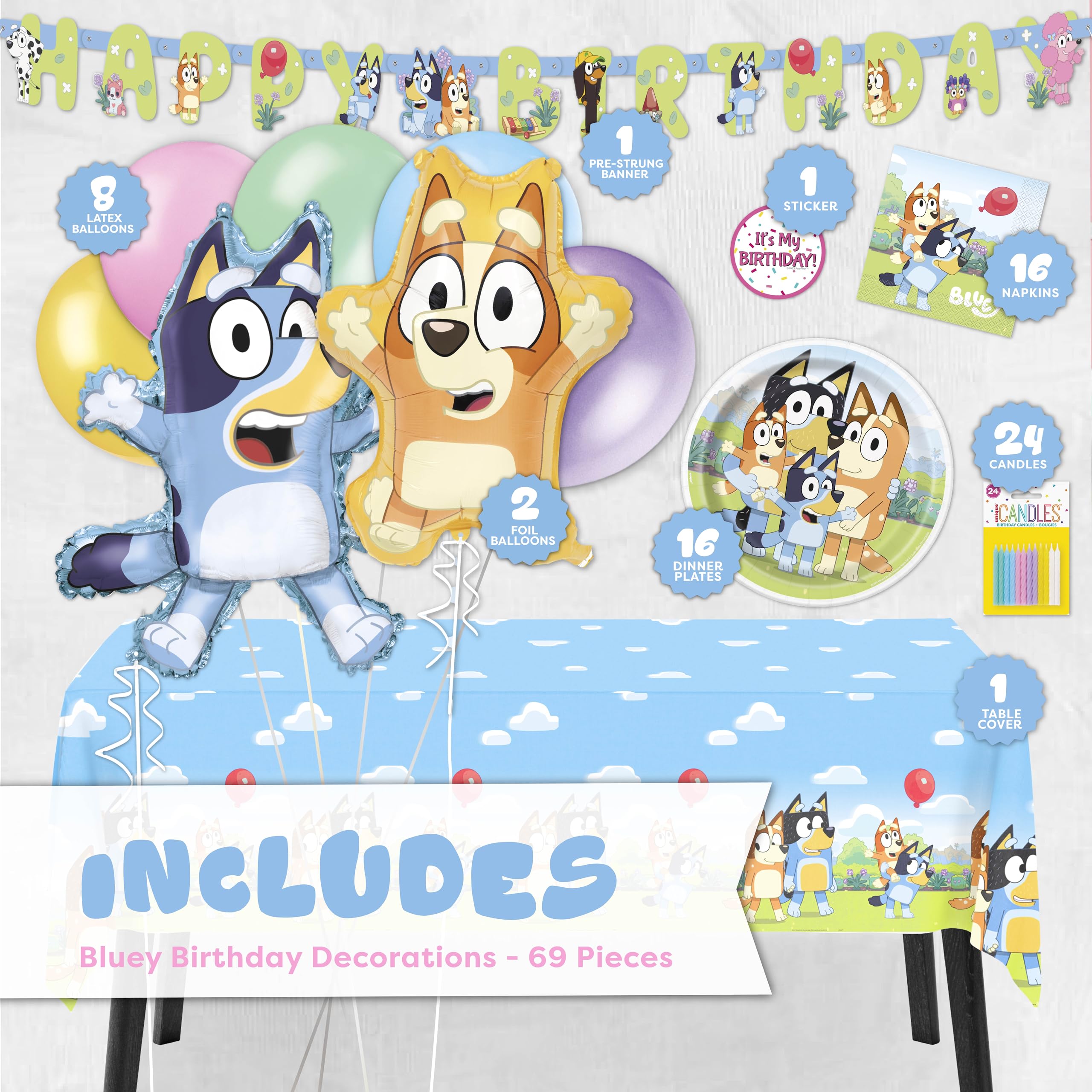 Unique Bluey tablecloth 54in x 84in protects surfaces while tying the party theme together.