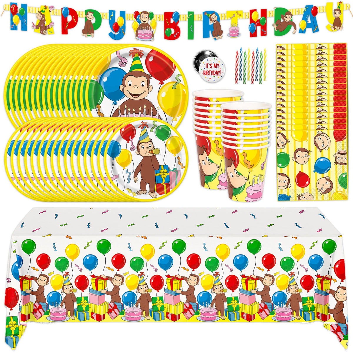 Unique Curious George birthday banner brightens the party backdrop for a cheerful celebration.